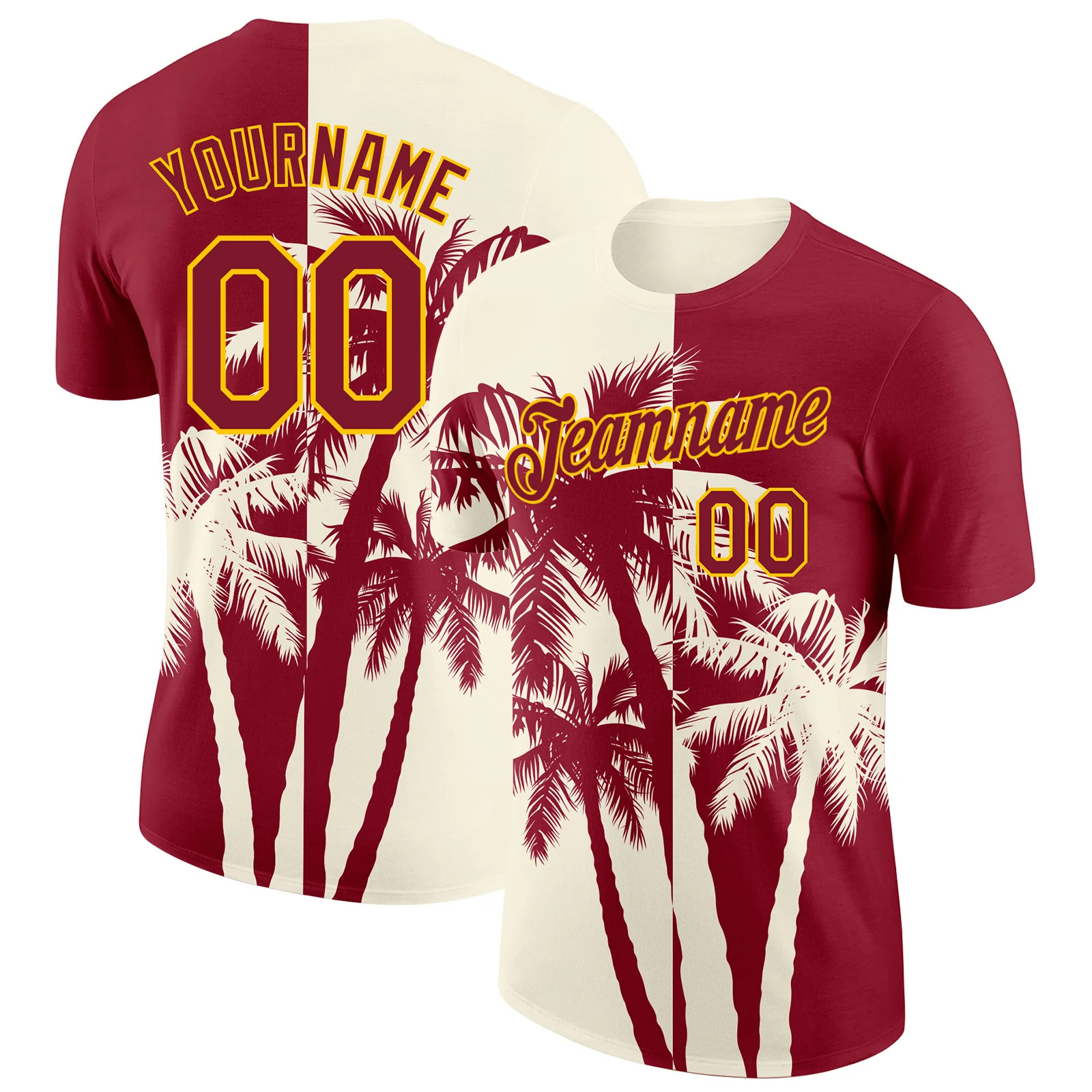 Custom Crimson Cream Yellow Hawaii Palm Tree T-Shirt Tropical Summer Beach Tee