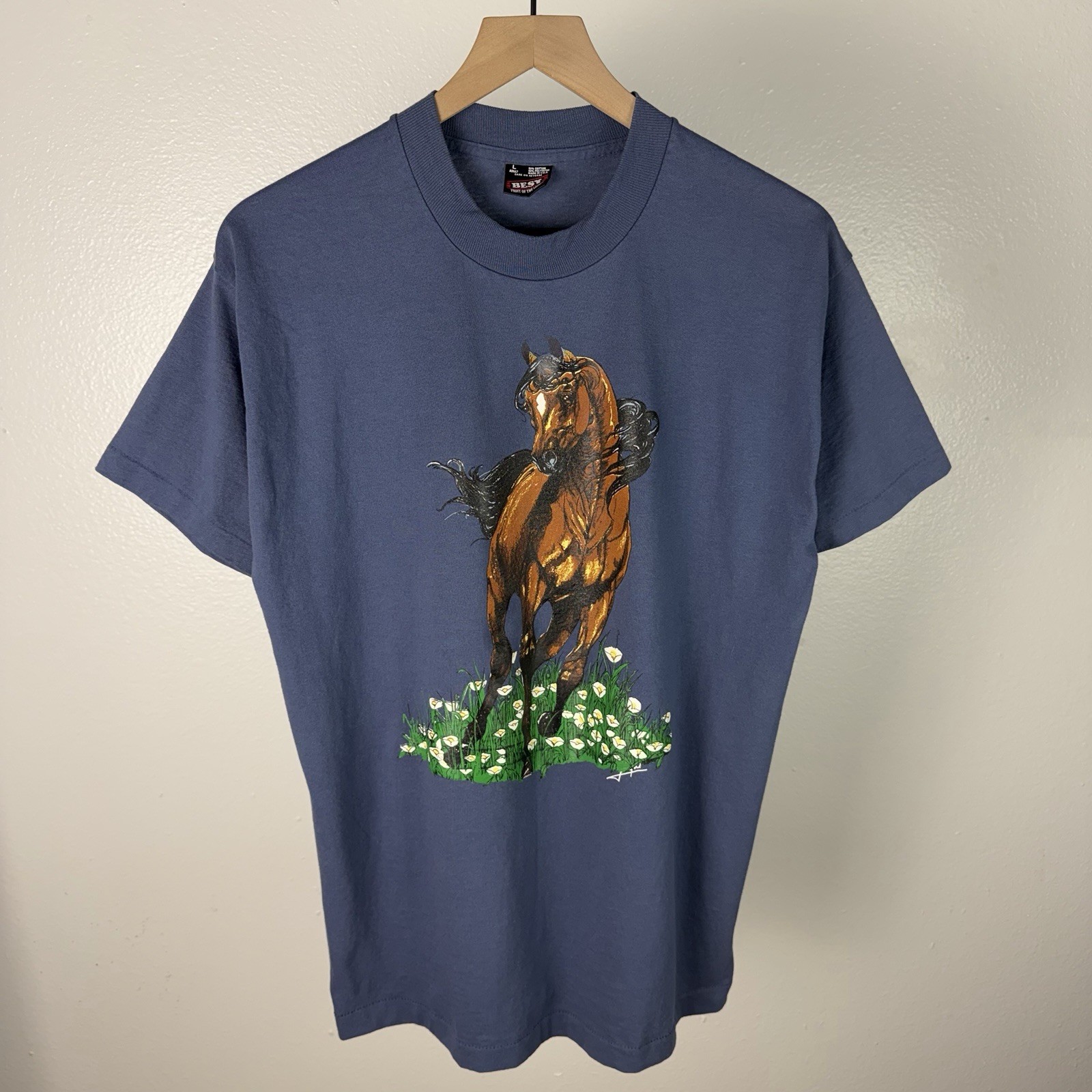 Vintage 90’s Running Horse Nature Art Flowers Single Stitch T Shirt Size Large
