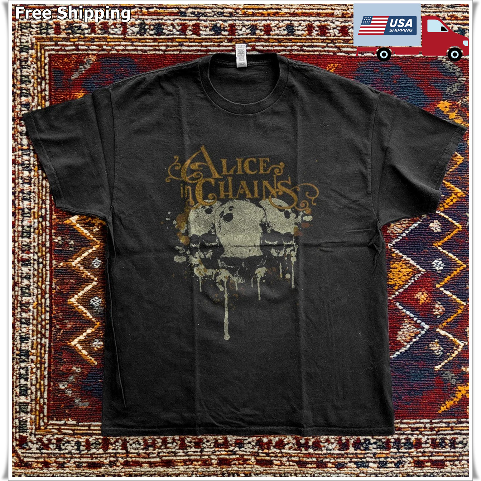 Alice In Chains Skulls Grunge Rock Band T-Shirt Black Cotton T-shirt Size S-5XL