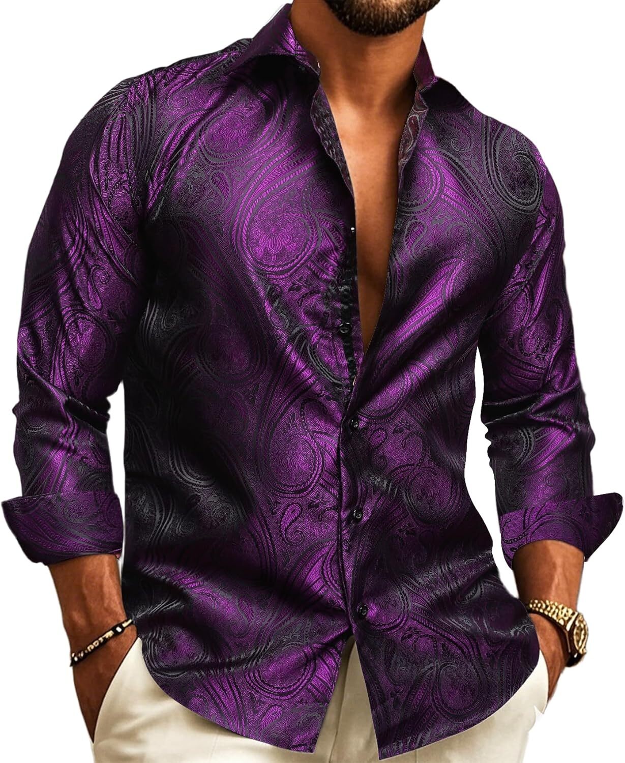 Mens Silk Paisley Western Shirt Long Sleeve Button Down Cowboy Dress Top Casual