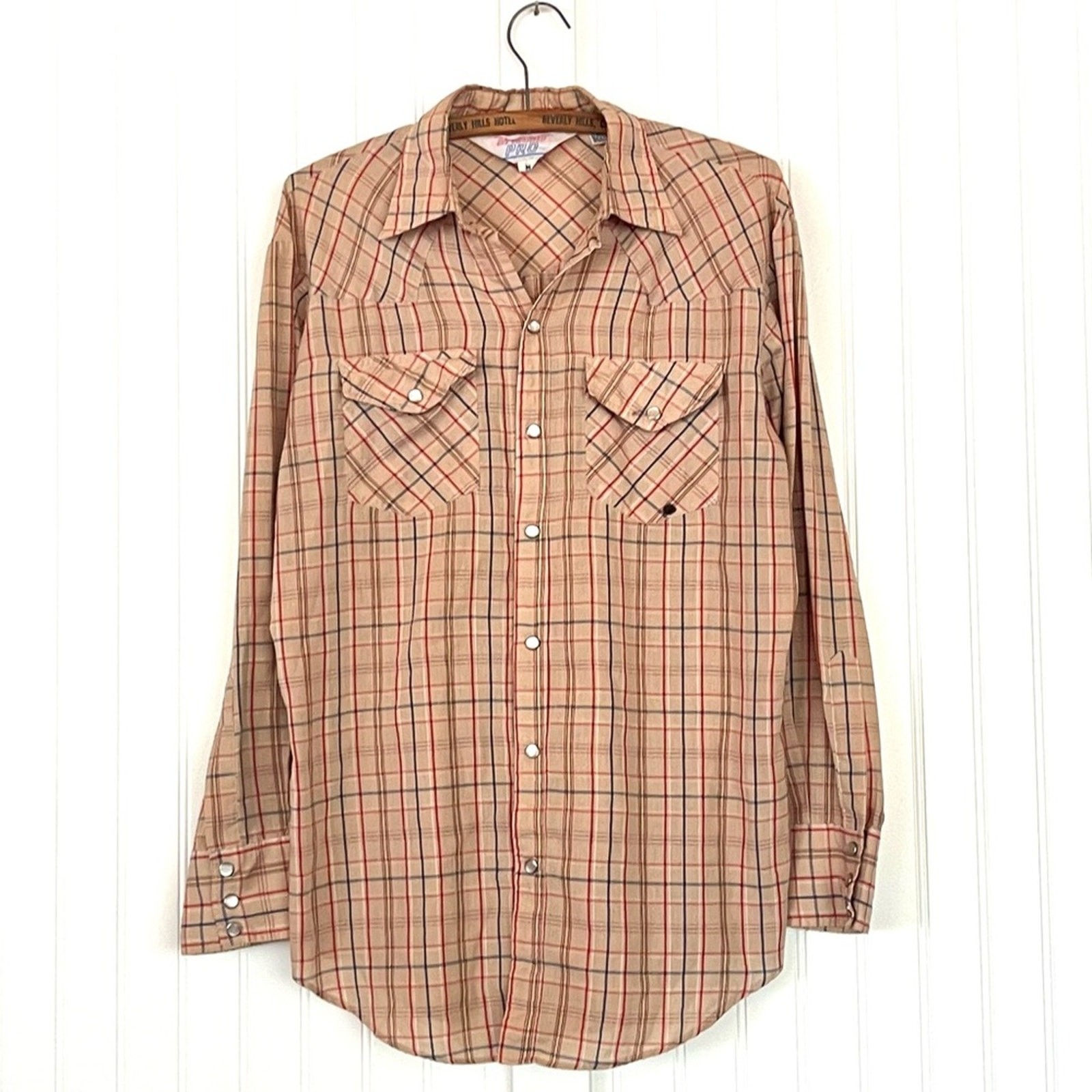 Vintage Men’s Western Shirt Neutral Plaid Pearl Snaps Button Down Medium Rodeo