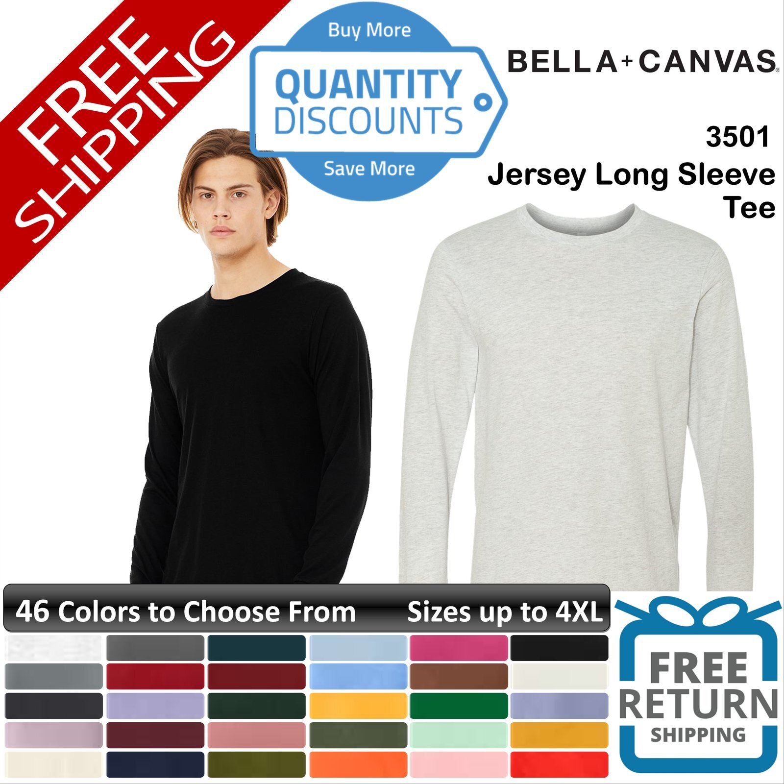 Bella + Canvas Men Jersey Long Sleeve T Shirt Ring-spun Cotton Up To 4XL 3501a