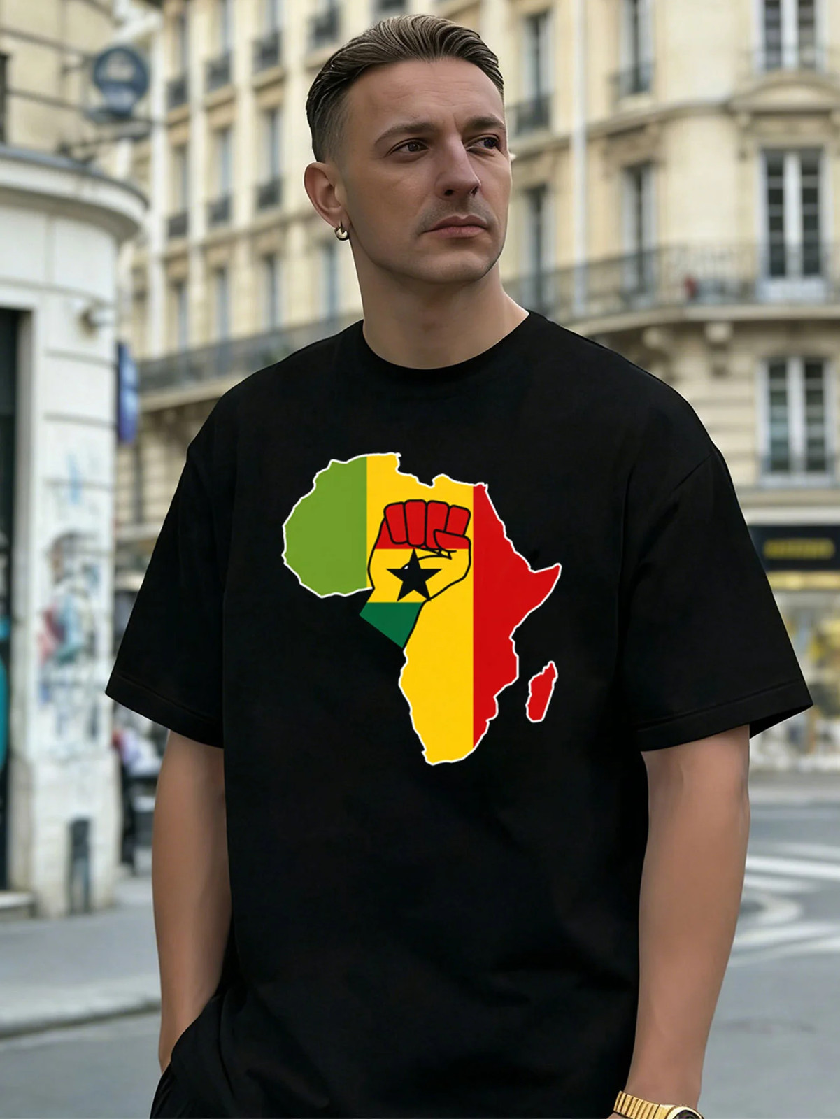 Ghana Flag Fist Africa Graphic 100% Cotton Men’s T-Shirt, for Daily Casual Wear