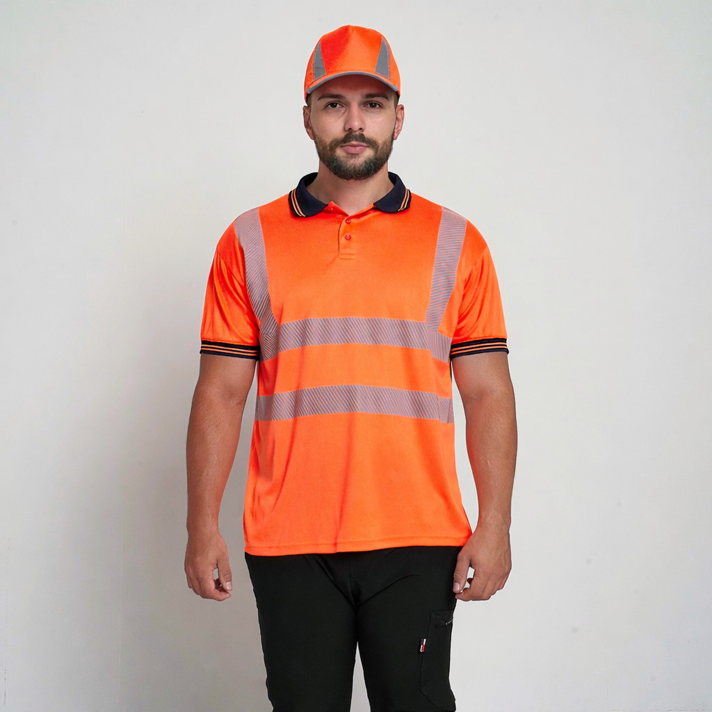 Mens Hi Vis Polo T-Shirt Short Sleeve Super Stretch Navy Collar Workwear Top