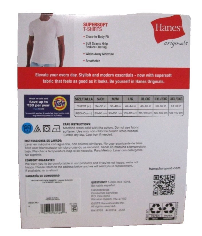 Hanes Originals Supersoft T-Shirts 3 Pack Men L Black Bamboo Viscose Crew Neck