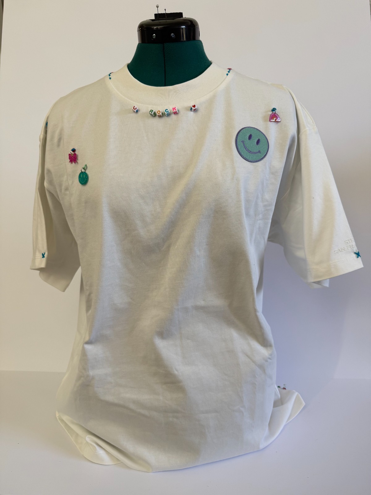 Oversized White Shirt Y2K Smiley Beaded Charms Handmade Stelle Brand