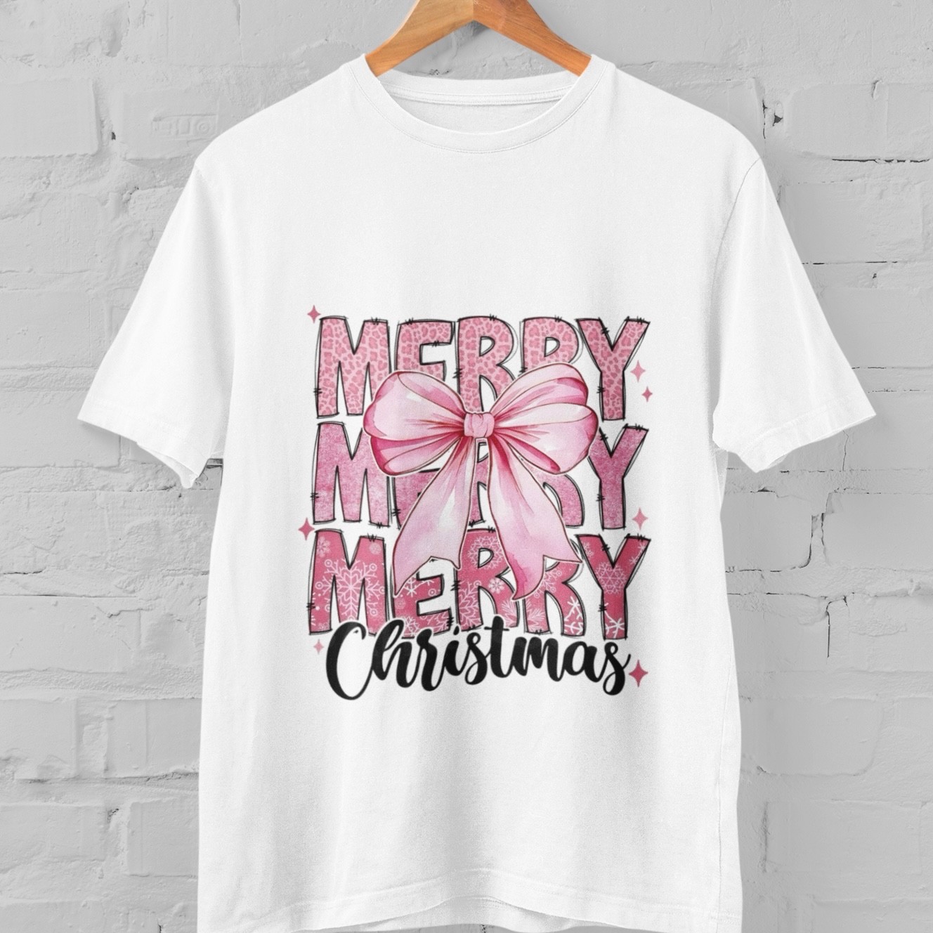 Merry Christmas Pink Bow Graphic Tee Cute Festive Holiday Aesthetic Unisex Winte