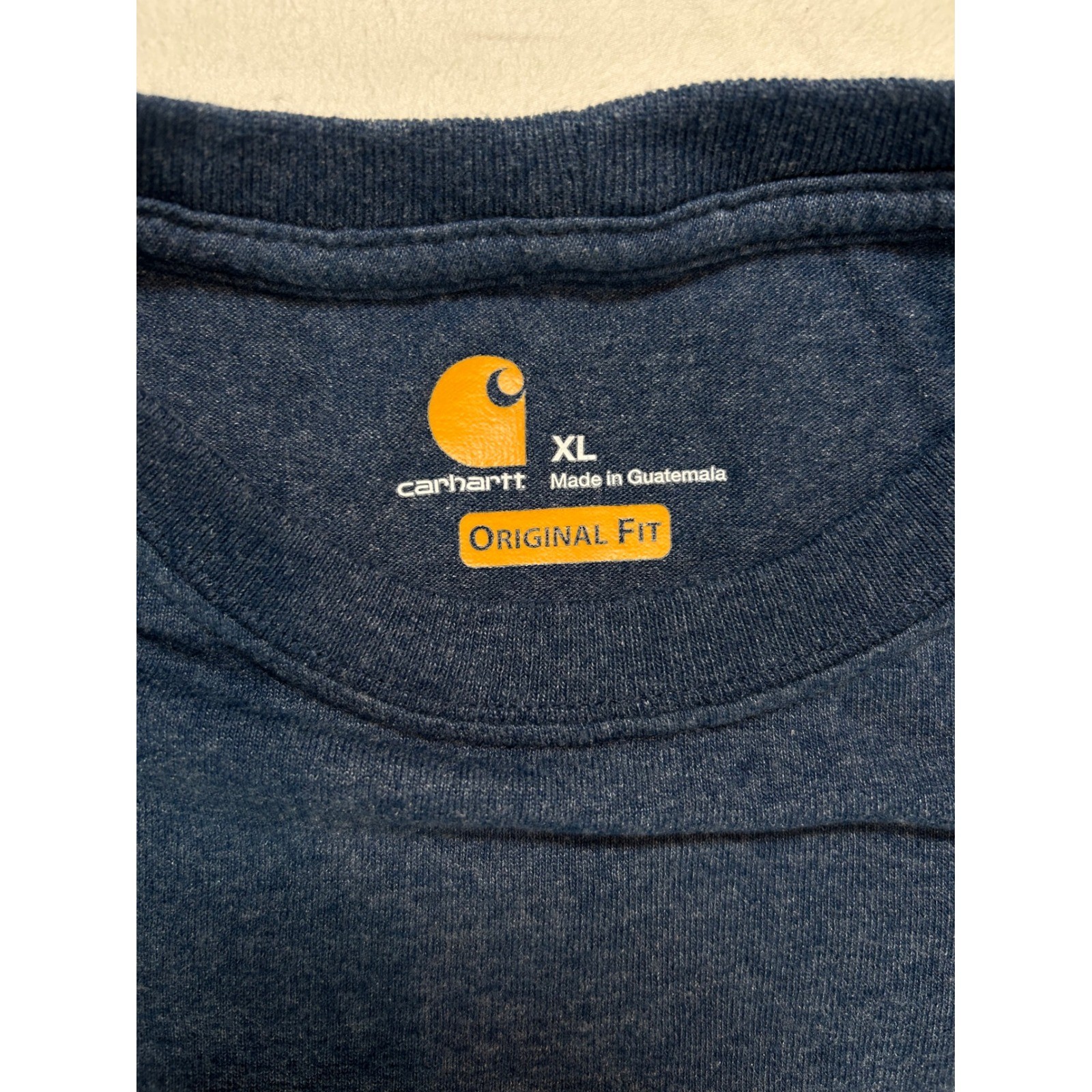 Carhartt Mens XL T-Shirt Navy Blue Heather Lime Green Logo Original Fit K195 413