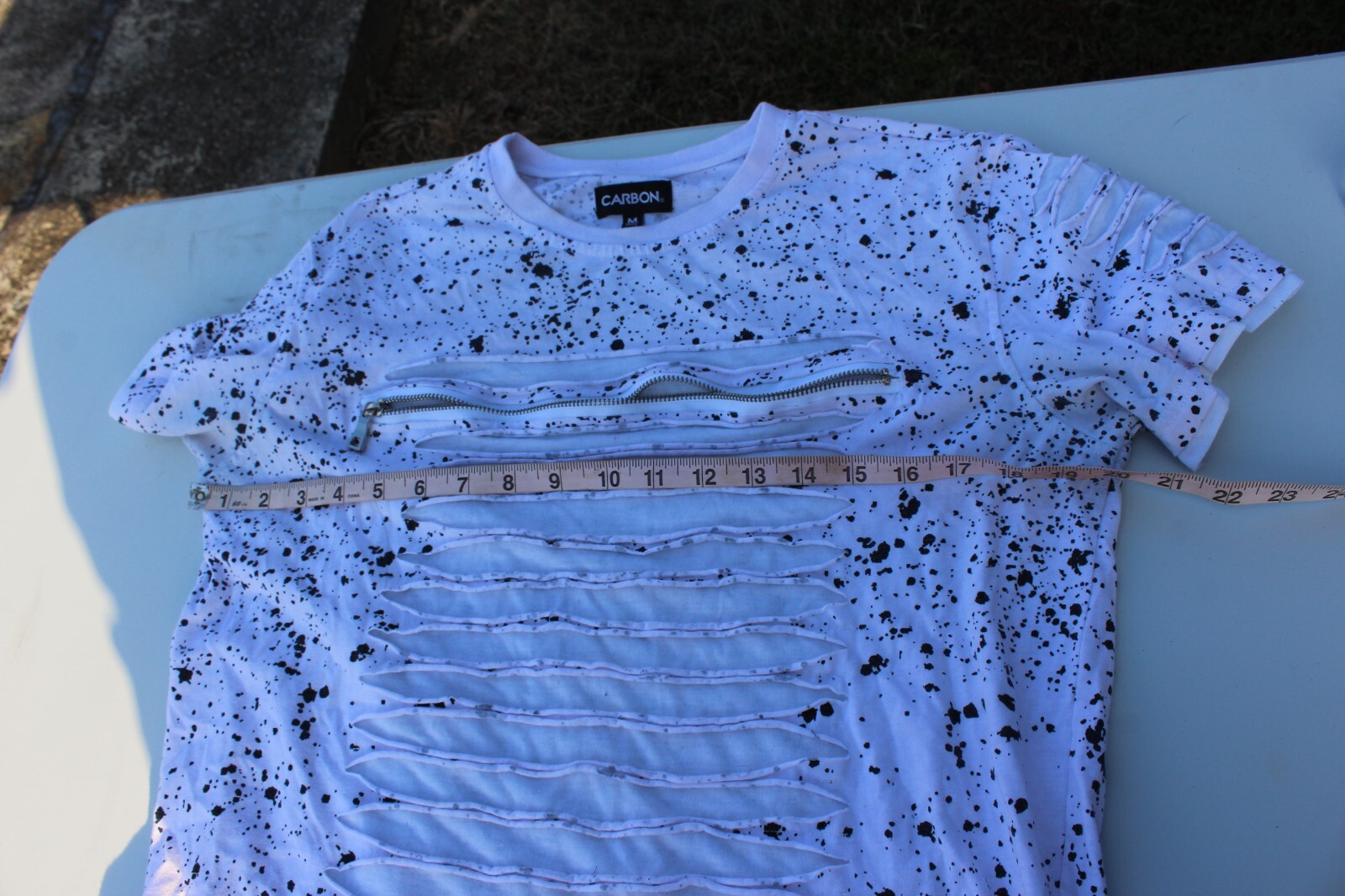 Carbon Short Sleeve Paint Splatter Distressed Shirt Shredded Zipper Size MEDIUM