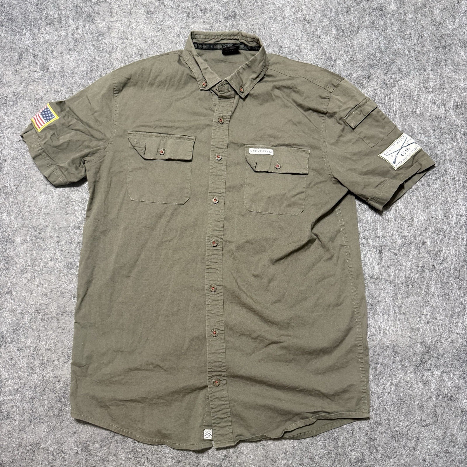 Grunt Style Mens This We’ll Defend Shirt Size M Army Green Usa Flag Patch Button