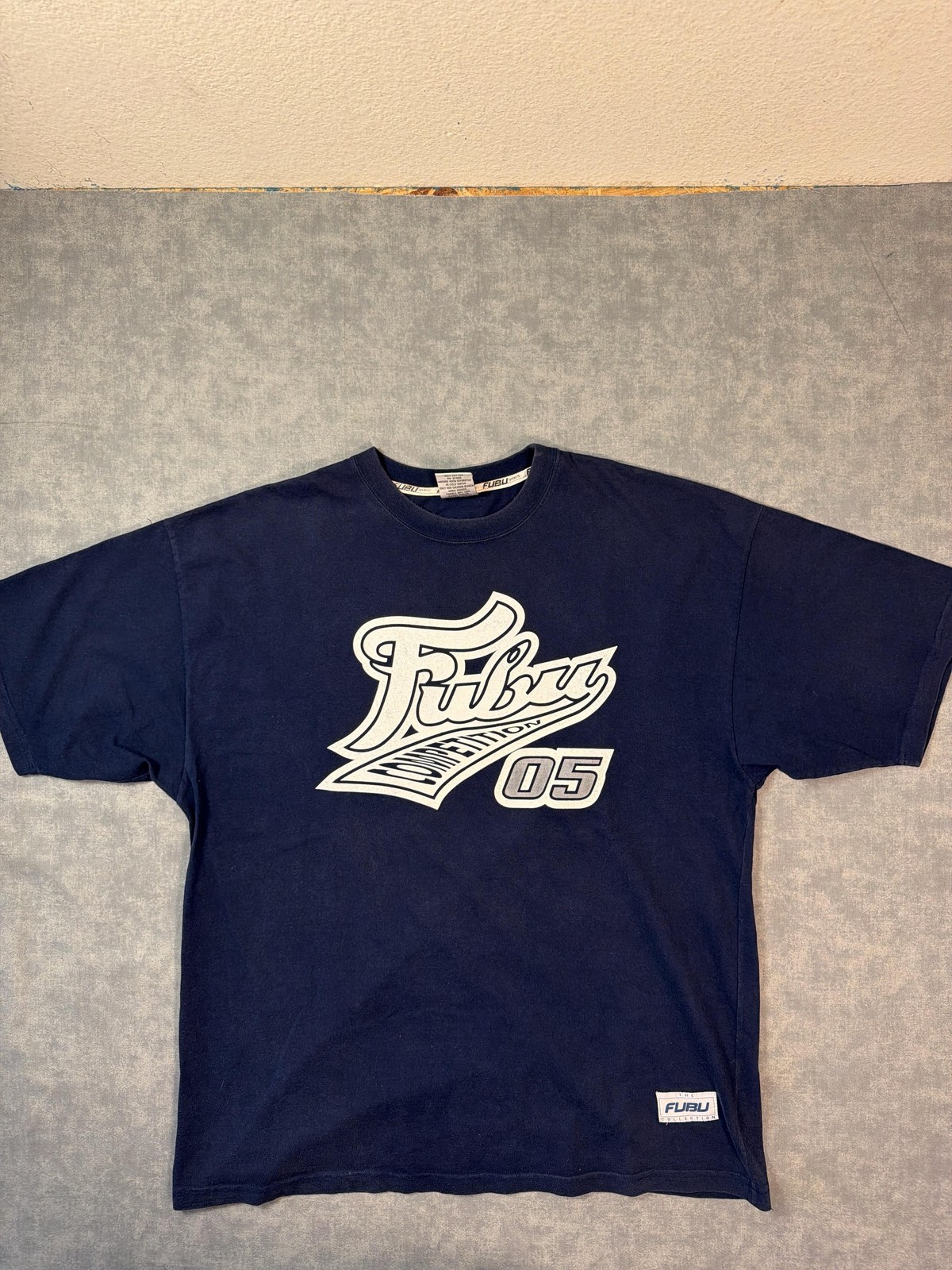 FUBU Shirt Mens 2XL Blue Competition 05 Logo Graphic Tee Streetwear Back Print