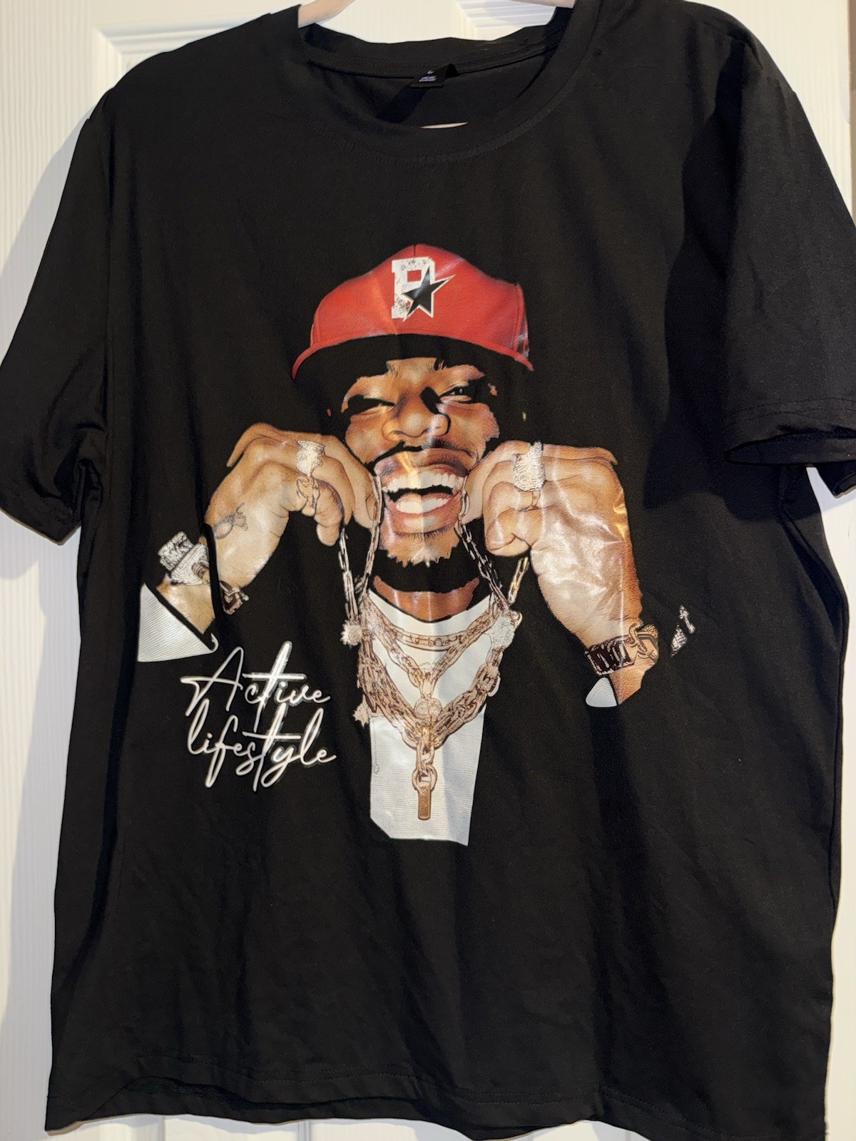 ROMWE Black Graphic Print Crew Neck Short Sleeve T-Shirt, Size L