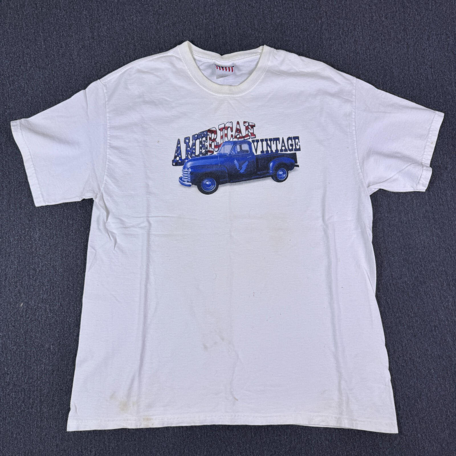 American Vintage Men’s White Car Graphic Print Crew Neck Casual T-Shirt Size L