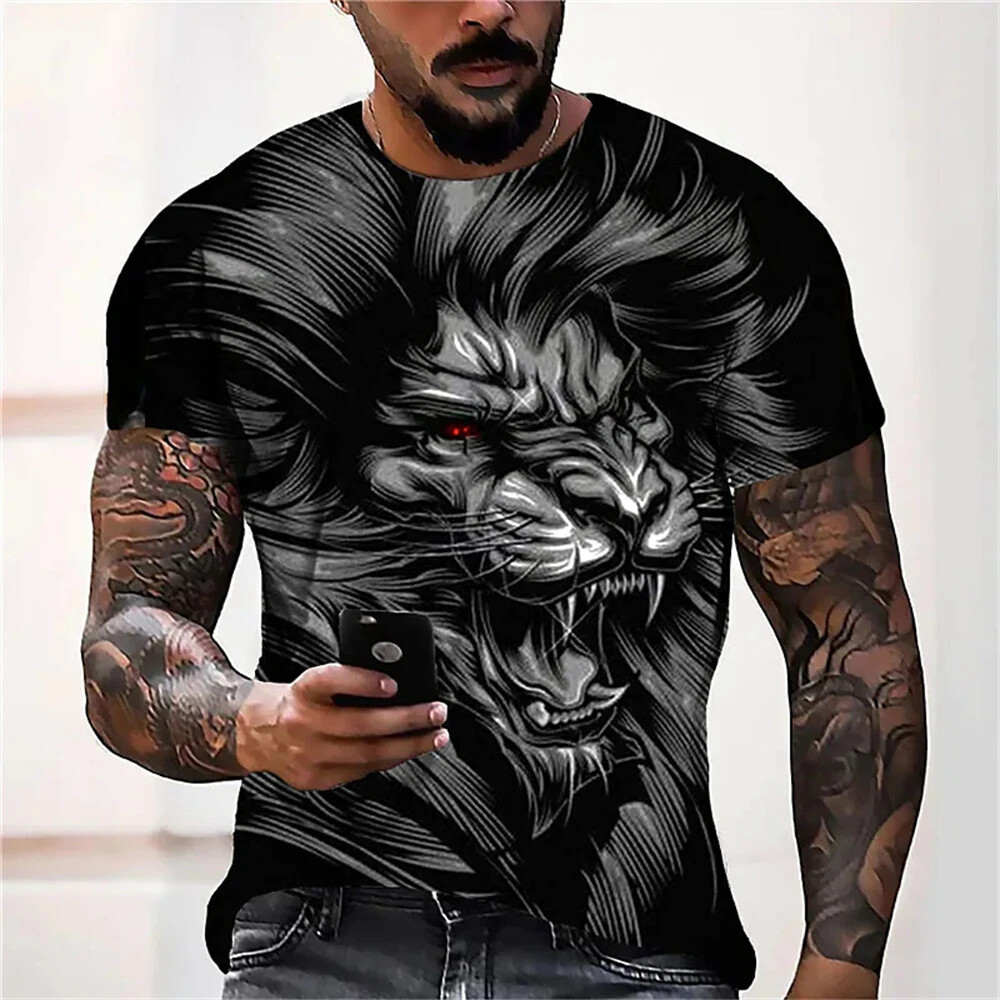 3d Print Men T Shirt Black Lion Gaze Fashion Graphic Short Sleeve Tee Classic