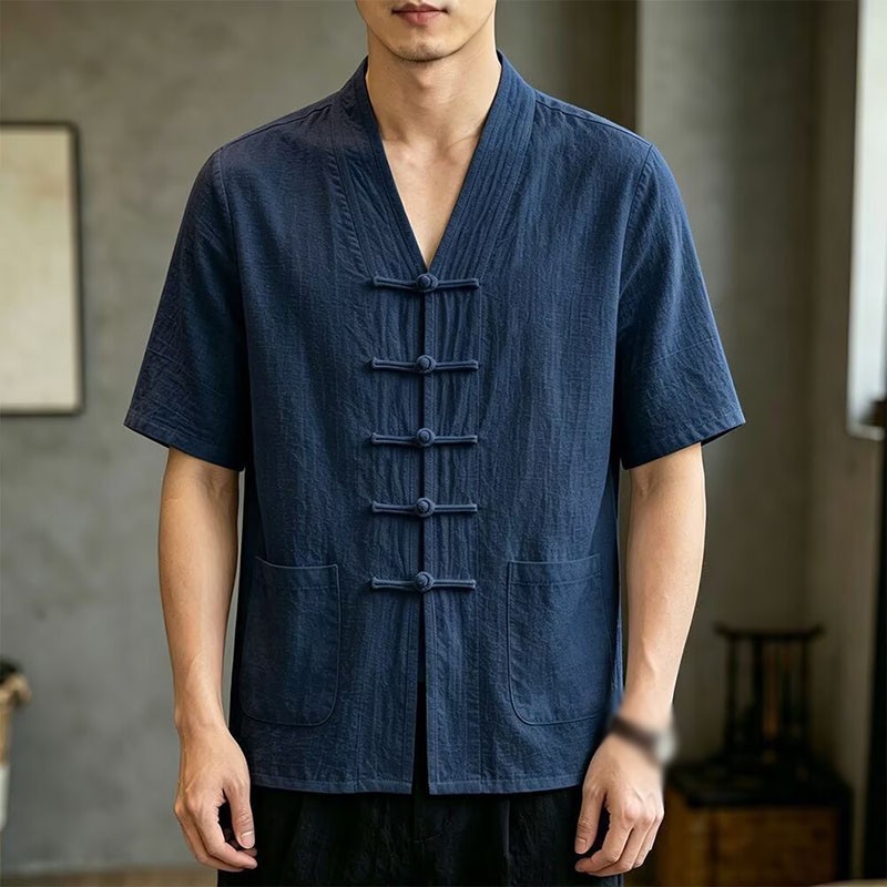 New Chinese Style Tang Zhuang Mens Casual Cotton Linen Short Sleeve Shirts Tops
