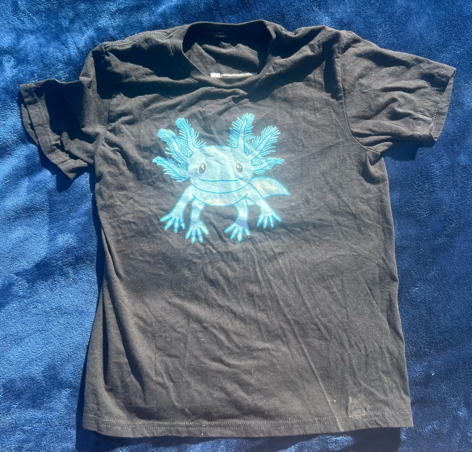 Black TShirt Blue Axolotl Size Large NEVER WORN Fish 100% Cotton Aquatic Cute