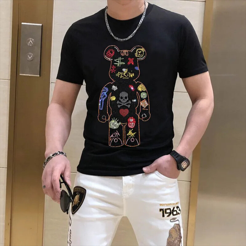 New Fashion Rhinestones Bear Short Sleeve Luxury Men Black White T-Shirt