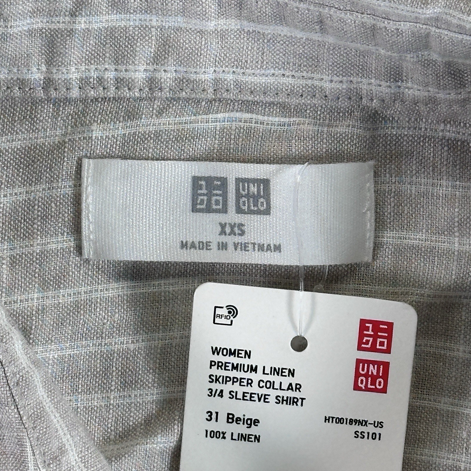 Uniqlo Linen T-Shirt Women XXS Linen Skipper Collar 3/4 Sleeve Shirt Striped