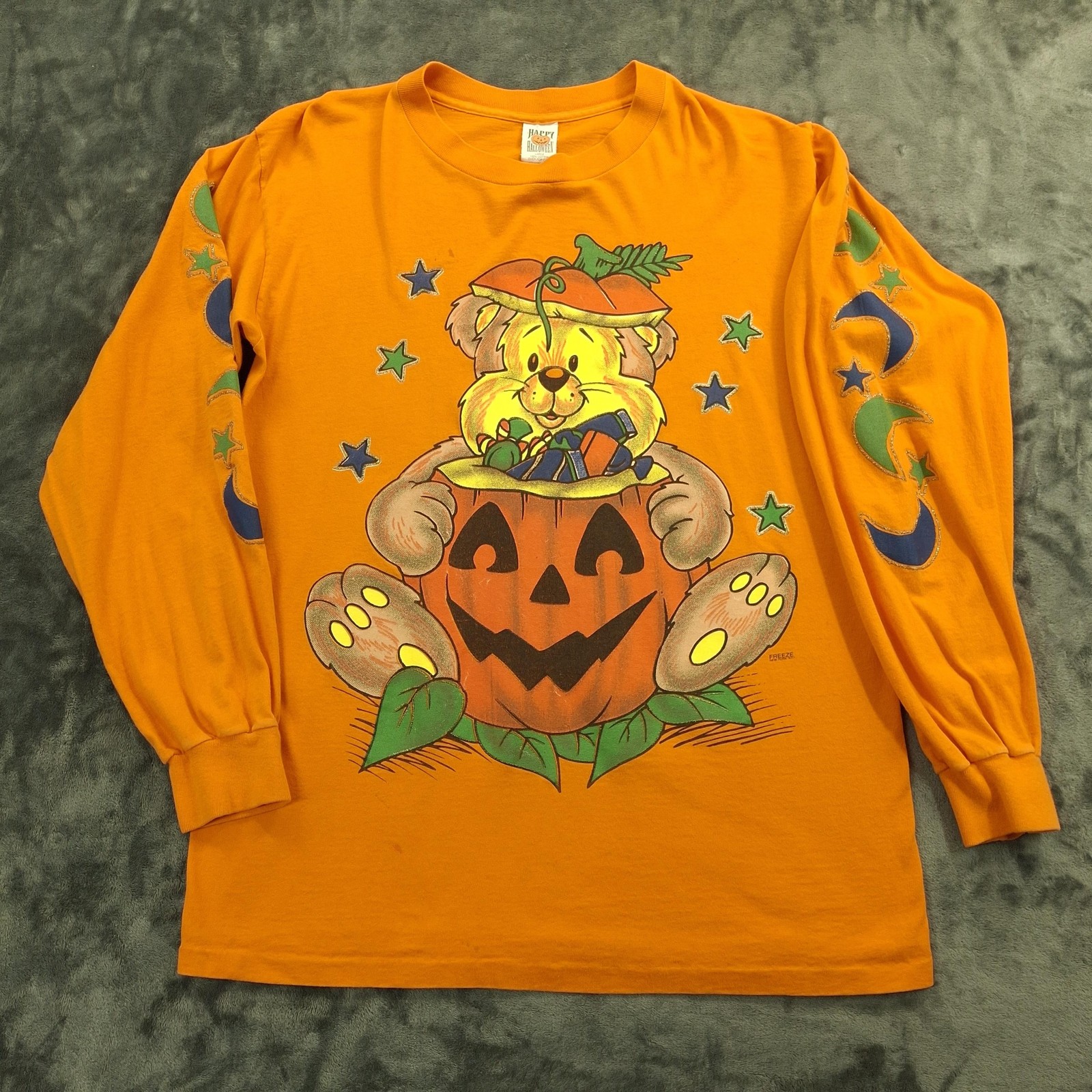 Vtg Halloween Pumpkin Bear Shirt Mens Large Orange Long Sleeve 1996 90s USA
