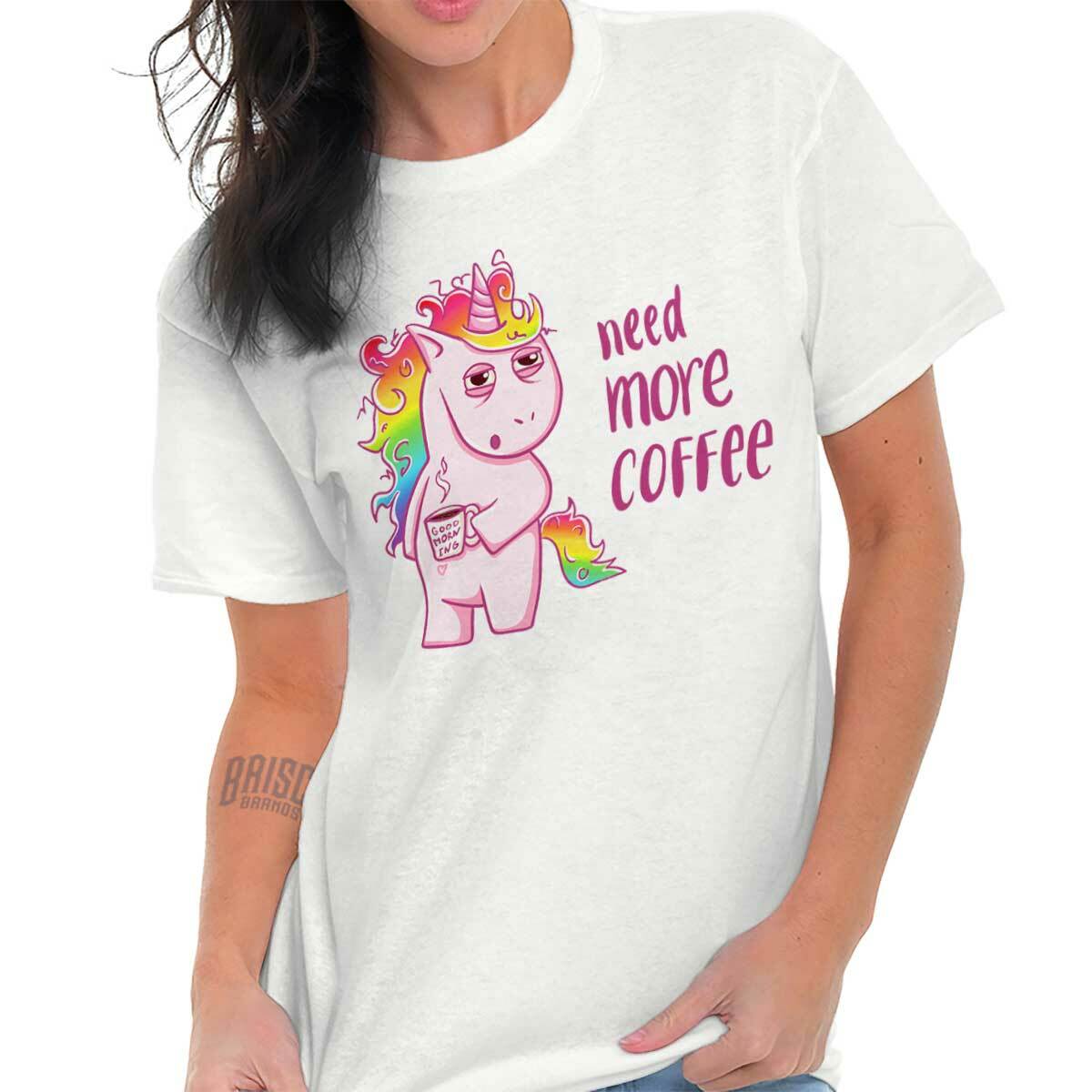 Funny Tired Unicorn Need More Coffee Joke Womens Graphic Crewneck T Shirt Tee