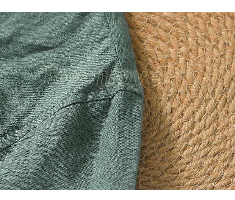 Men 100% Linen V Neck T-shirt Retro Summer Short Sleeves Tops Casual Undershirt