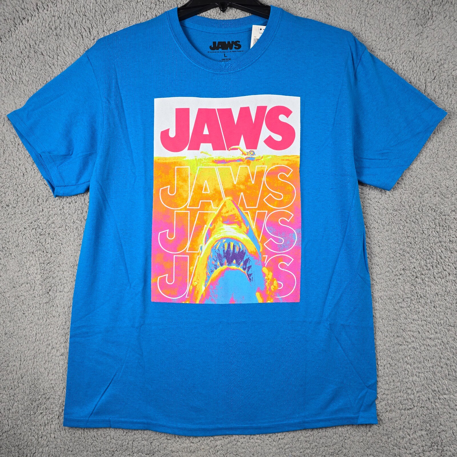 JAWS Shirt Mens Large Blue Orange Casual Movie Film Shark Poster Swimmer NWT