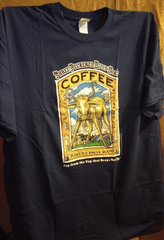 Ray Troll Three Peckered Goat Coffee New adult tee XX, XL, L, M,S Ravens Brew