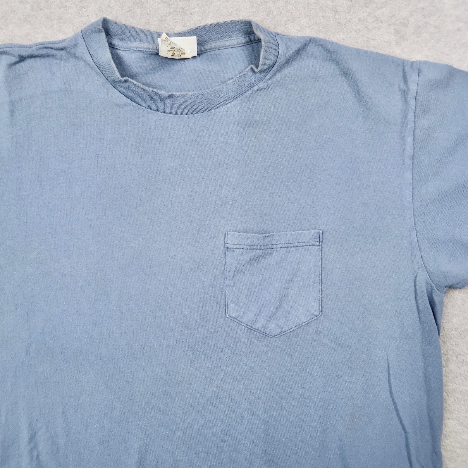 Vintage 90s Basic Editions Mens L Blue Pocket T-Shirt Made in USA 100% Cotton