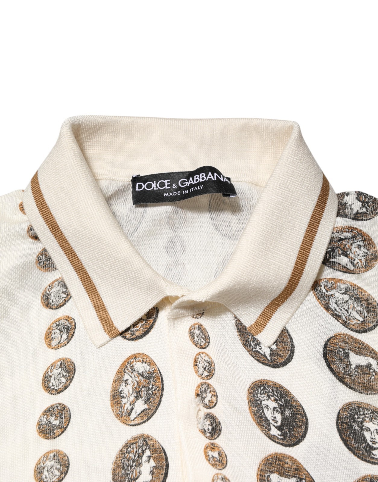 DOLCE & GABBANA T-shirt Silk Ivory Coin Print Logo Men Polo IT46/US36/S 1500usd