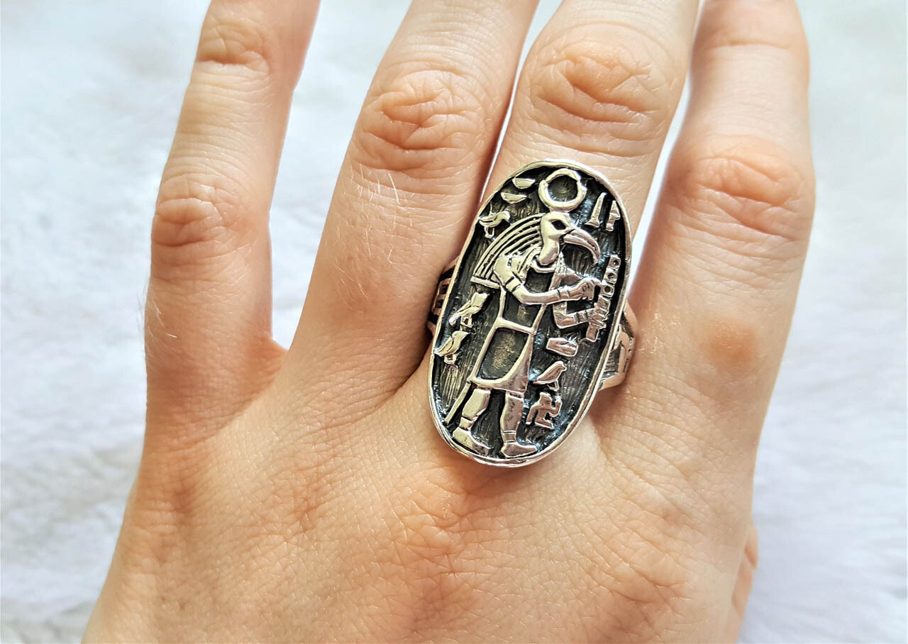 Great THOTH STERLING SILVER 925 Ring Ancient Egyptian God of Wisdom Ibis Head Hi