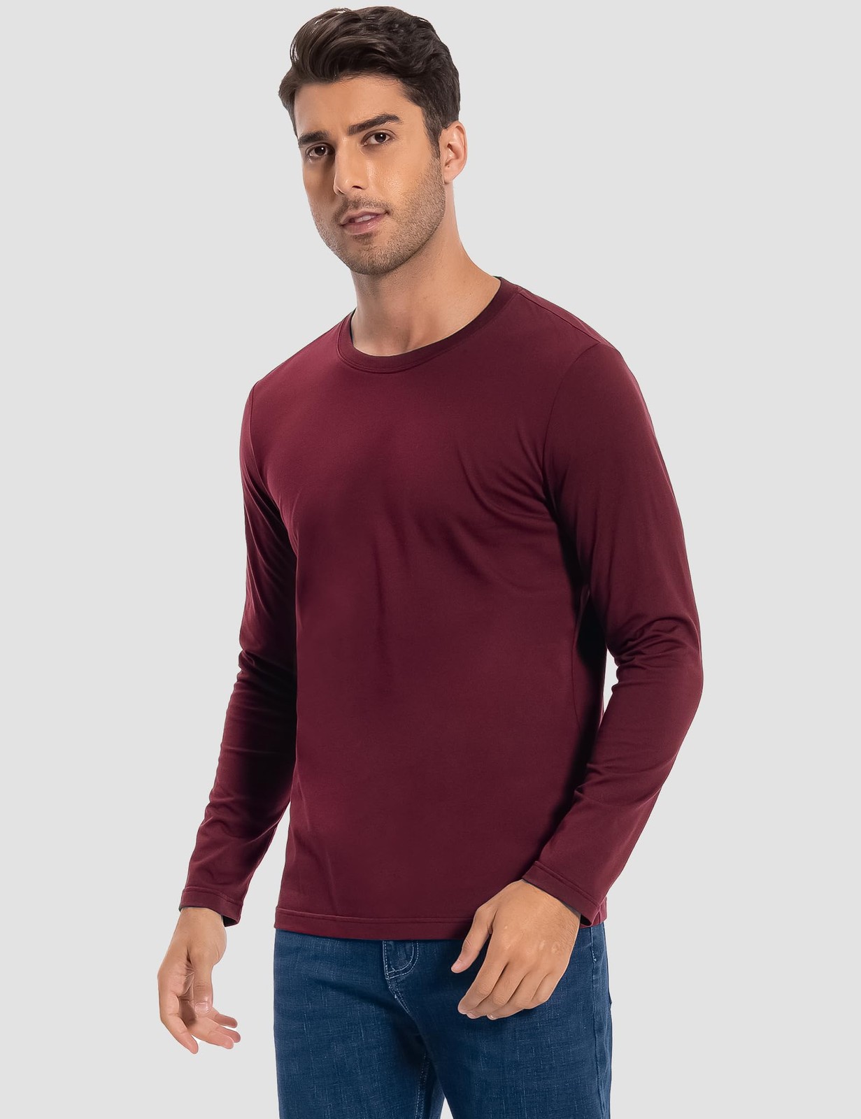 Men’s 2 Pack Long Sleeve Soft Casual Cotton Crew Neck Shirts (Wine Red, Large)