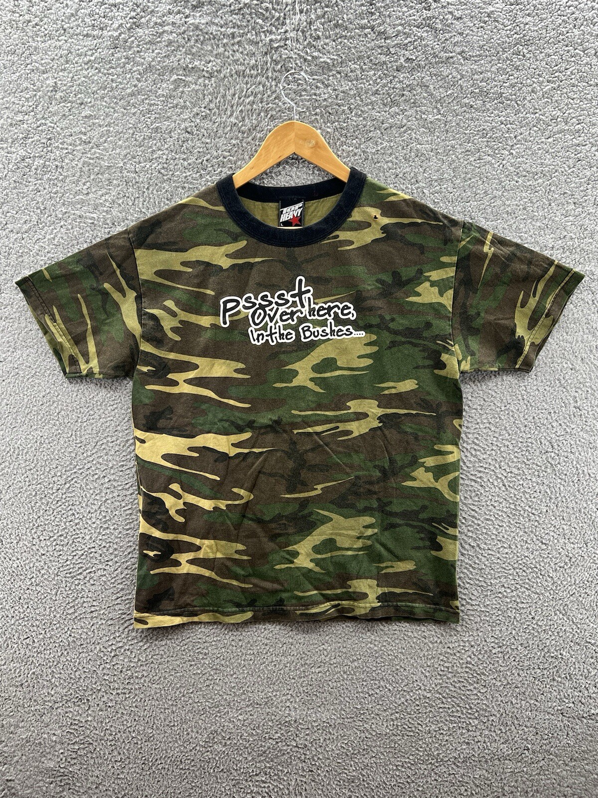 Top Heavy Pssst Over Here In The Bushes Camo T-Shirt Adult Size Large