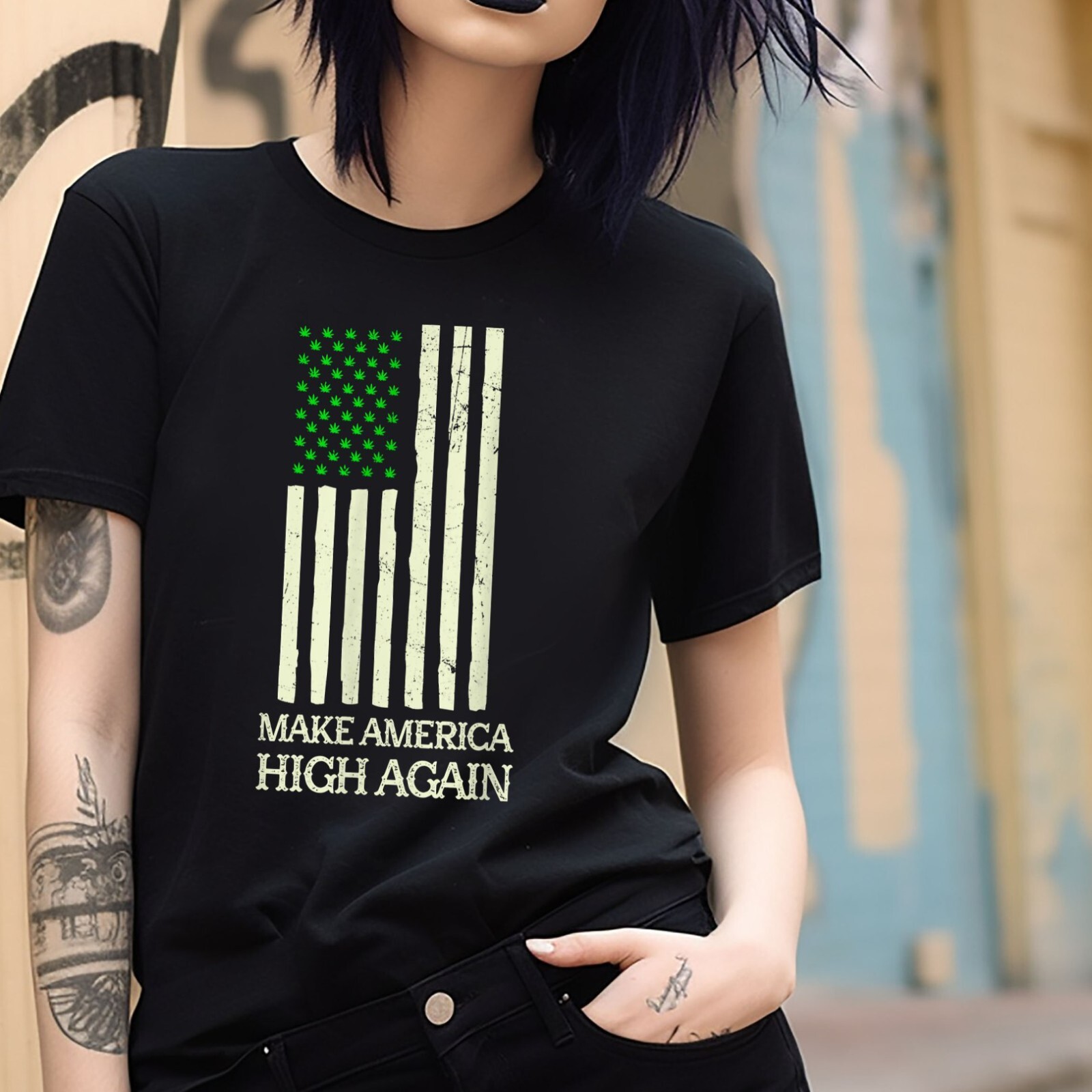 Make America High Again American Flag T-Shirt Black S-3XL Weed, Stoner