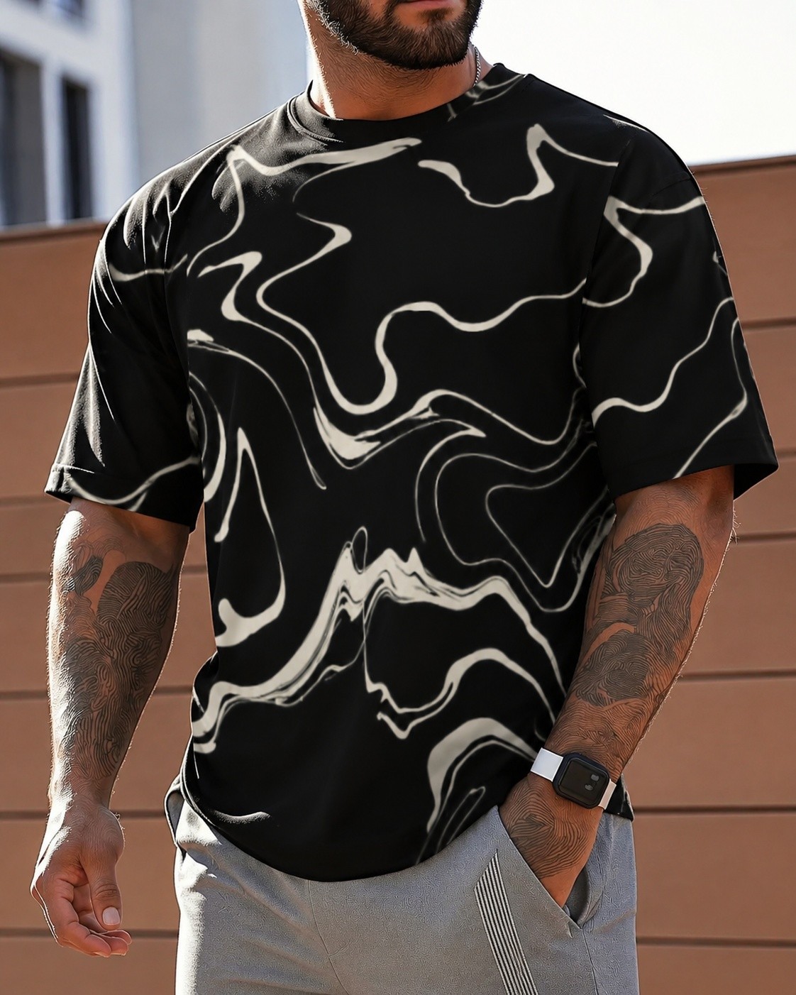 Men’s Round Neck Tee, Black White Marble Swirl Print, Casual Street Short Sleeve