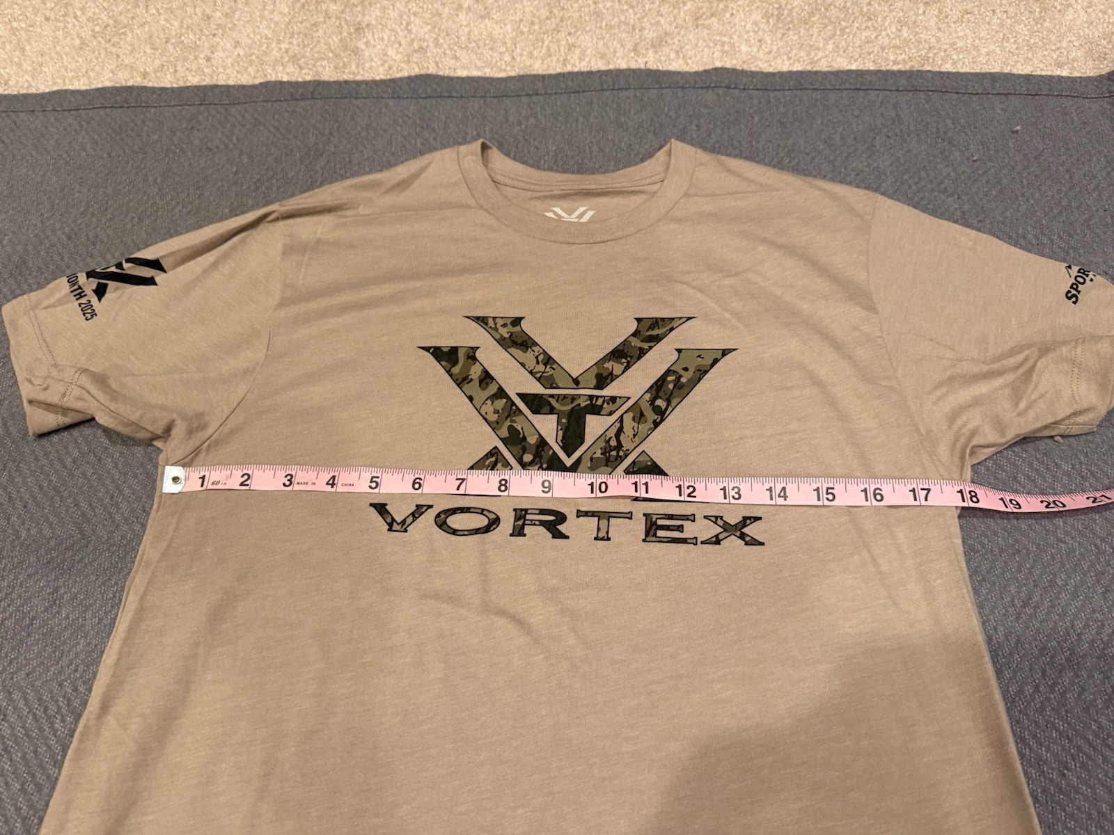Vortex Unisex T-Shirt -Size Small Tee – Tan – Tagless Collar – Soft Fabric!