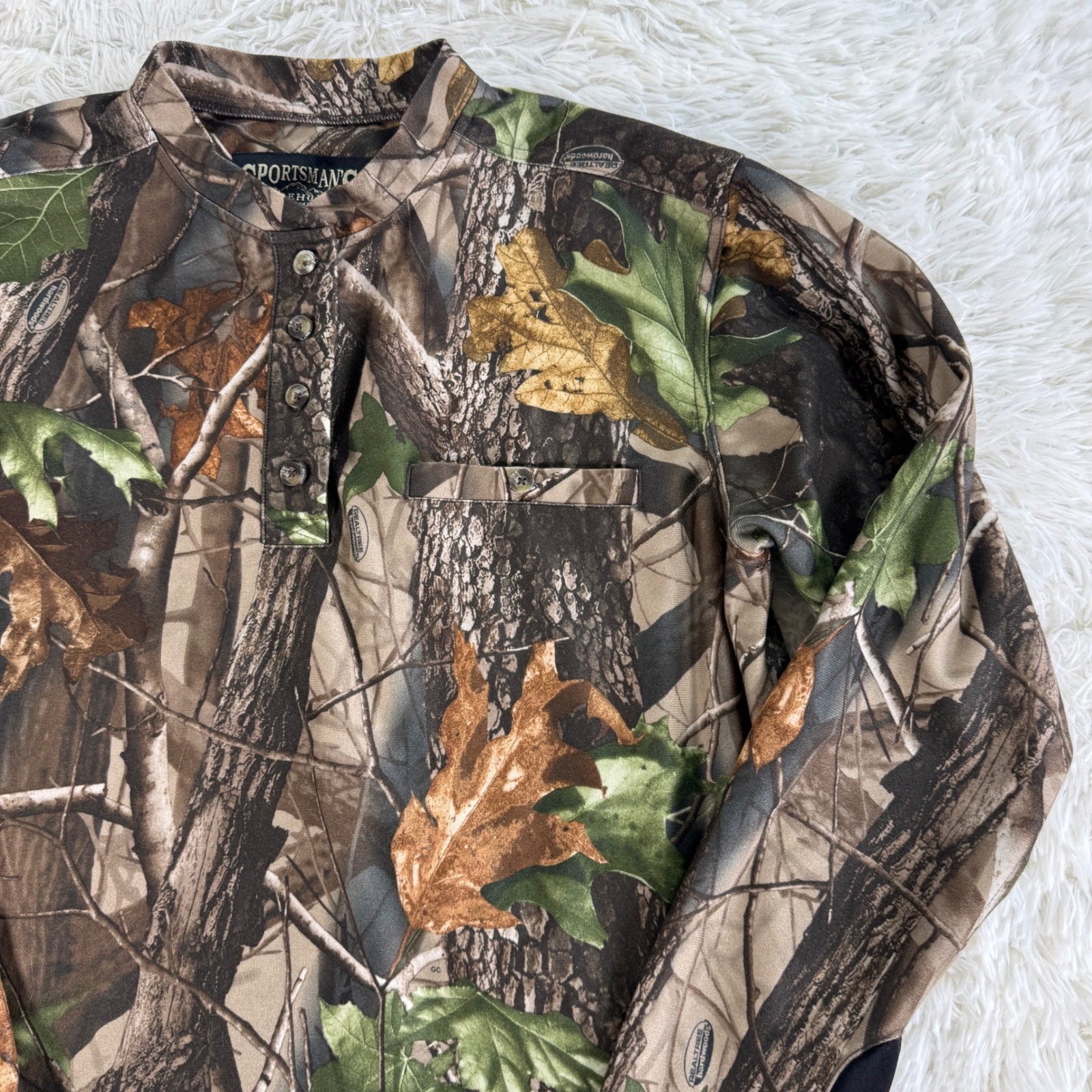 Sportsmans Warehouse Realtree Hardwoods Camo Henley Shirt XL Hunting Outdoors