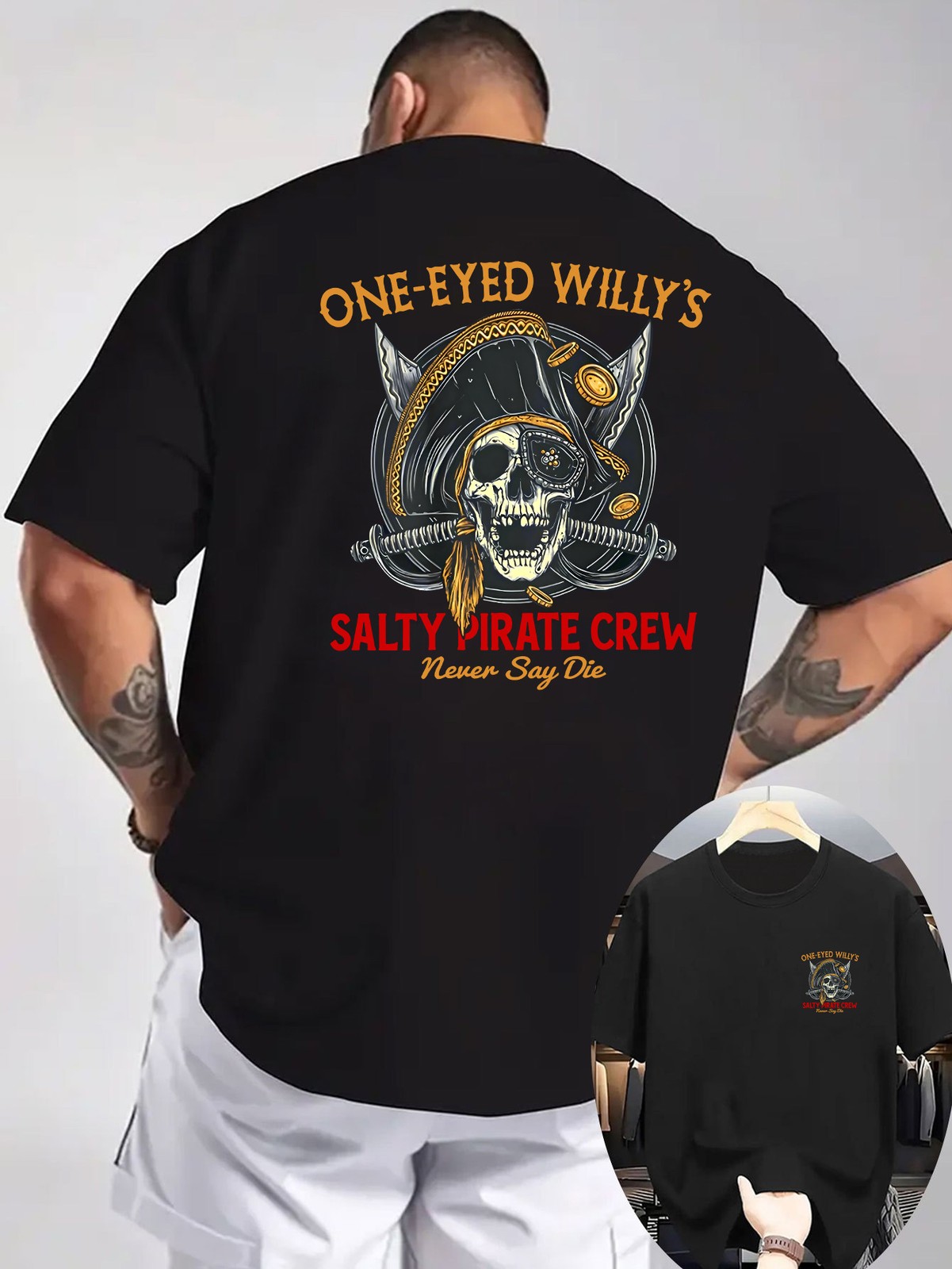 Casual T-Shirt with Round Neck And Short Sleeves, It Features a Pirate Theme