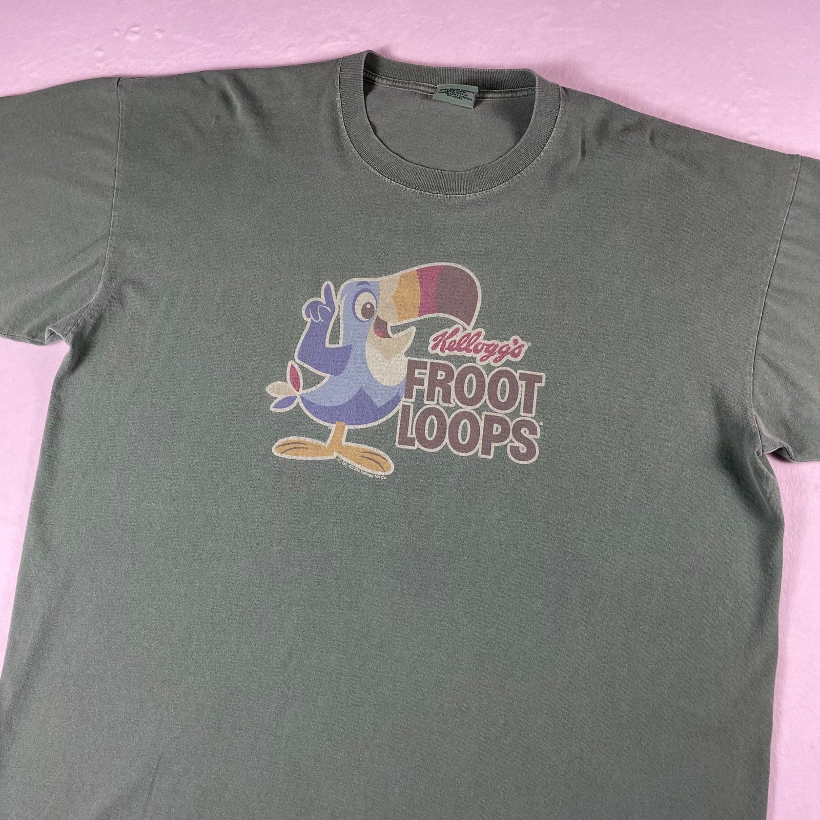 Vtg Y2K Kelloggs Froot Loops Snack Tee XL Green Toucan Sam Bird Mascot Cereal US