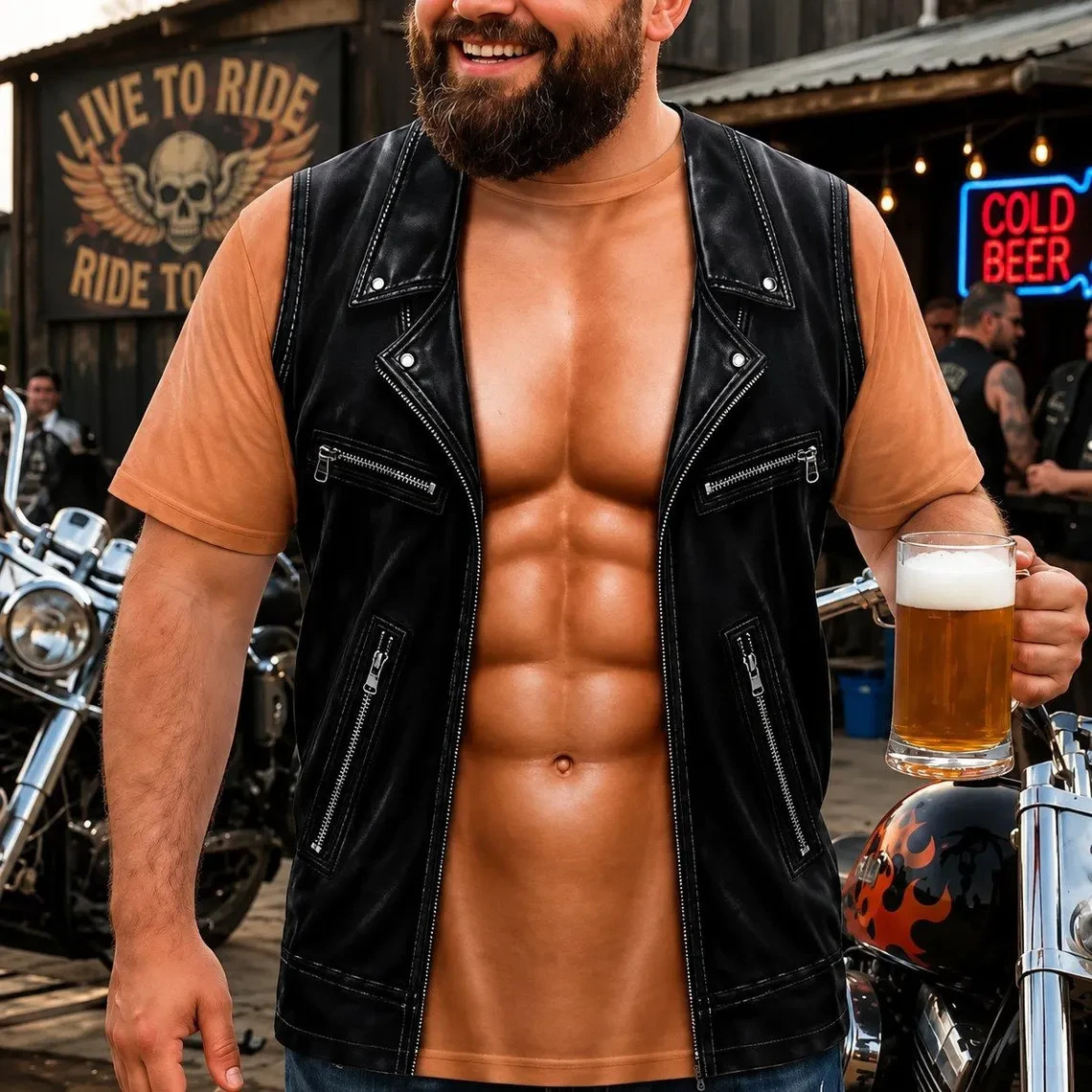 Personalized Six Pack ABS with Biker Vest Men Funny 3D T-Shirt, Funny Motorcycle