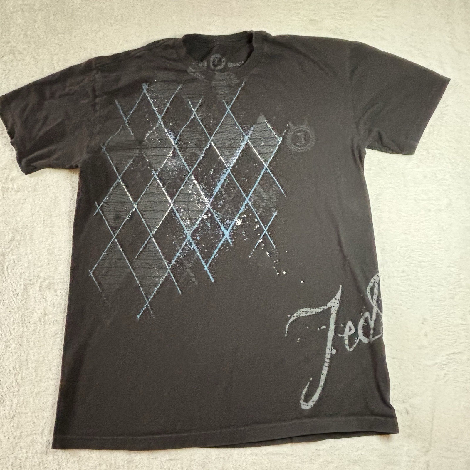 Jedidiah Buckle Brand Black T- Shirt Speckled Blue Graffiti Print Size L Gothic