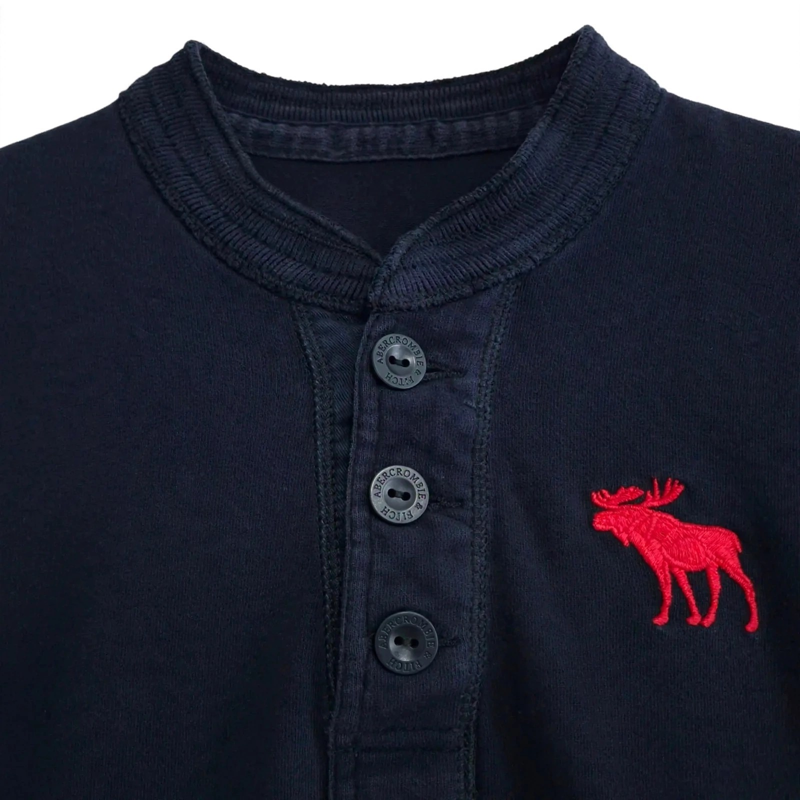 Abercrombie & Fitch Men Small Navy Blue Long Sleeve Henley Shirt Red Moose Logo