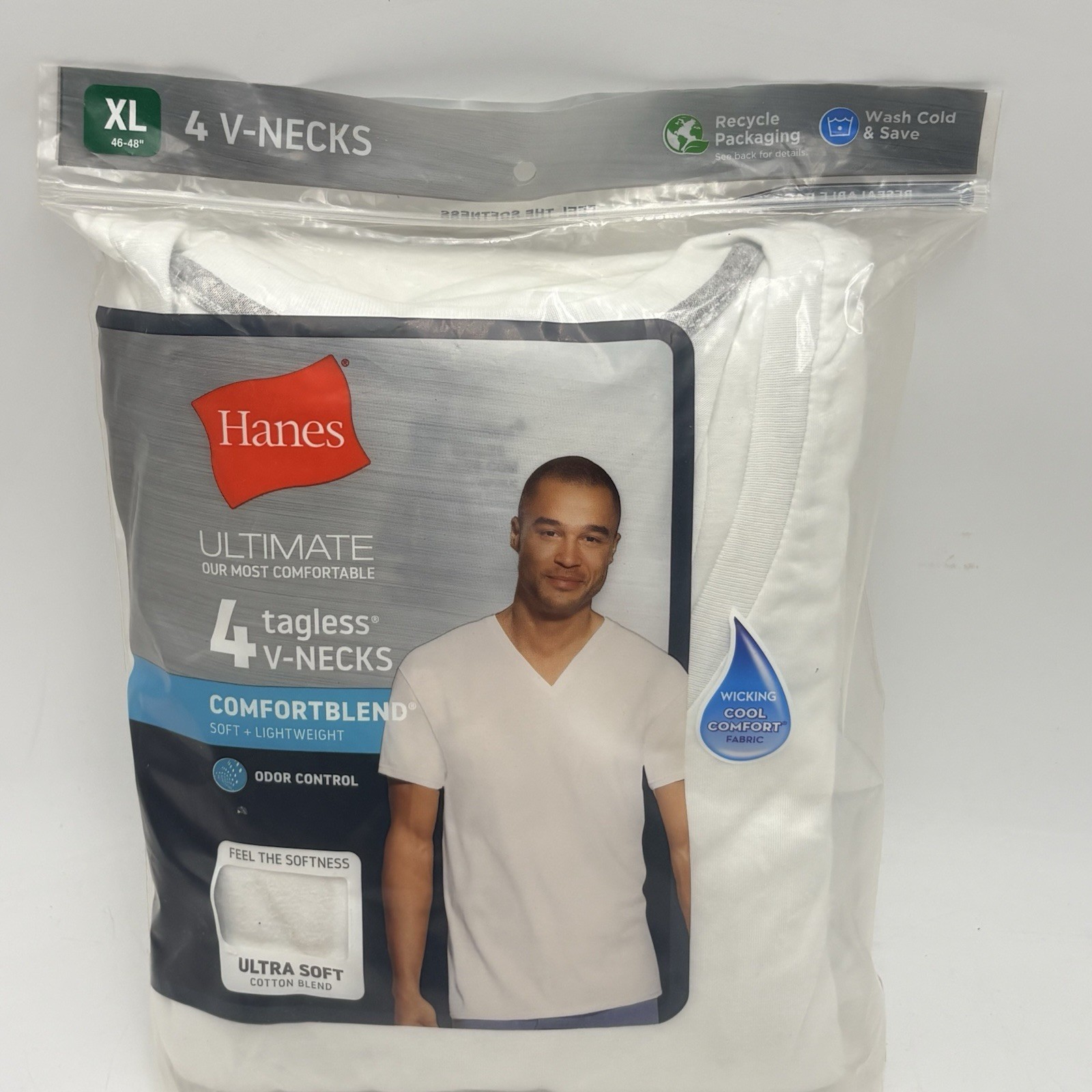 Hanes V-neck Men’s XL 46-48 Ultimate T-Shirt – White ComfortBlend Odor Control