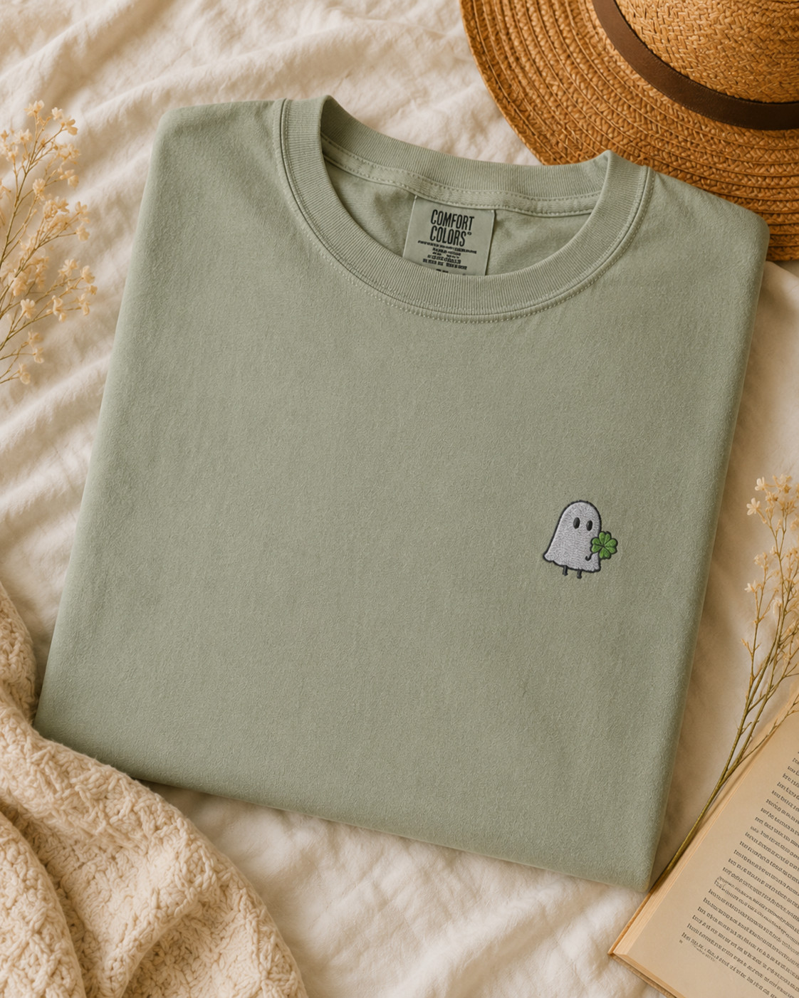 Cute Ghost Embroidered T-Shirt with Lucky Clover | Comfort Colors