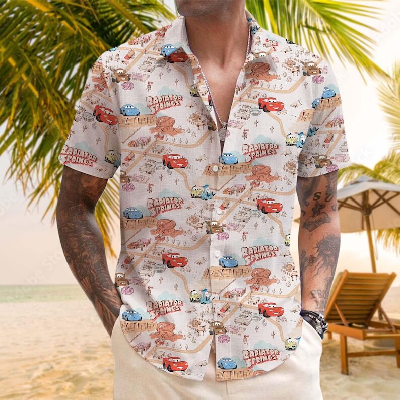 Vintage Pixar Cars Lightning McQueen & Friends Radiator Springs Hawaiian Shirt