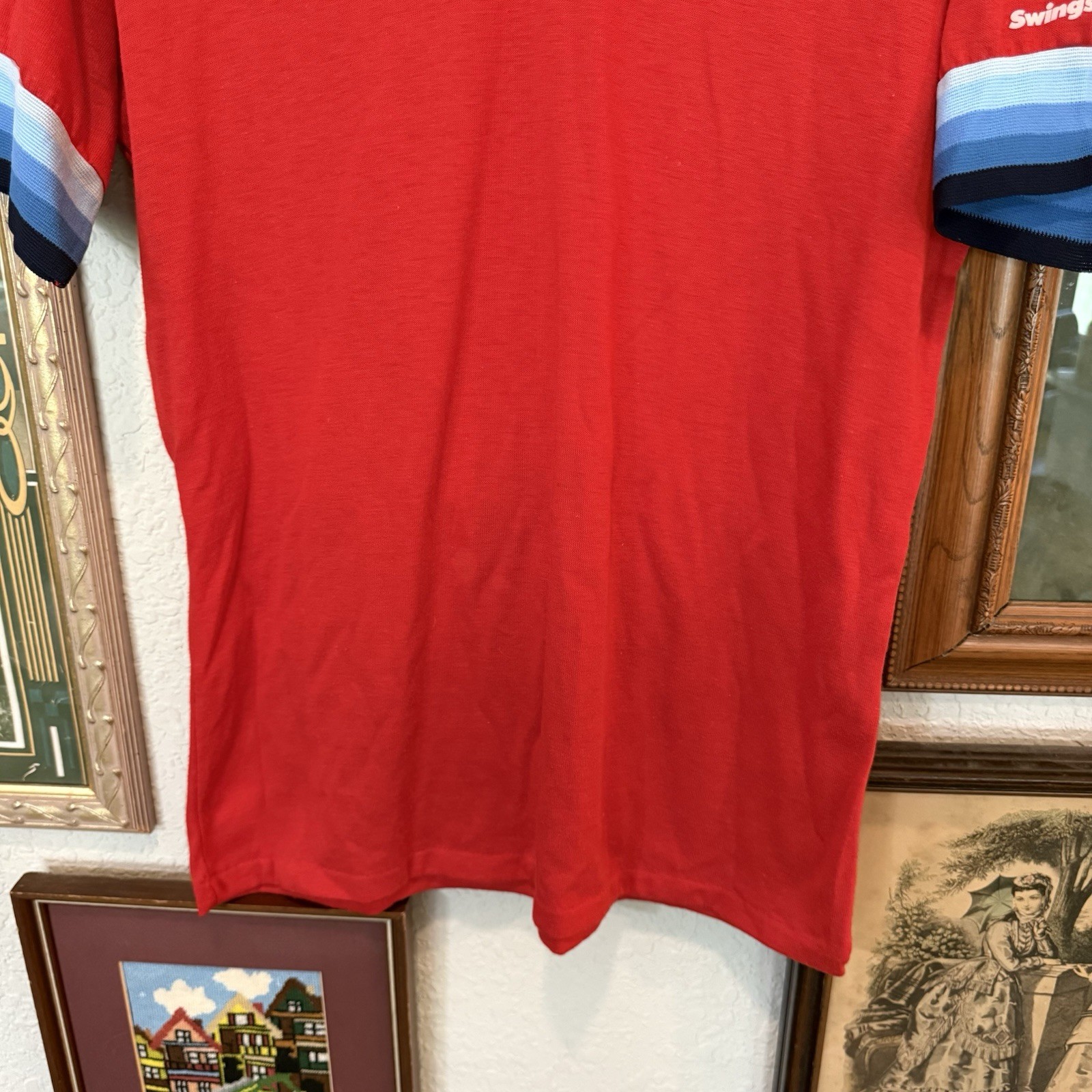 Vintage 70s RARE Swingster Solid/Striped Sleeves V-Neck Unisex Shirt Size Medium