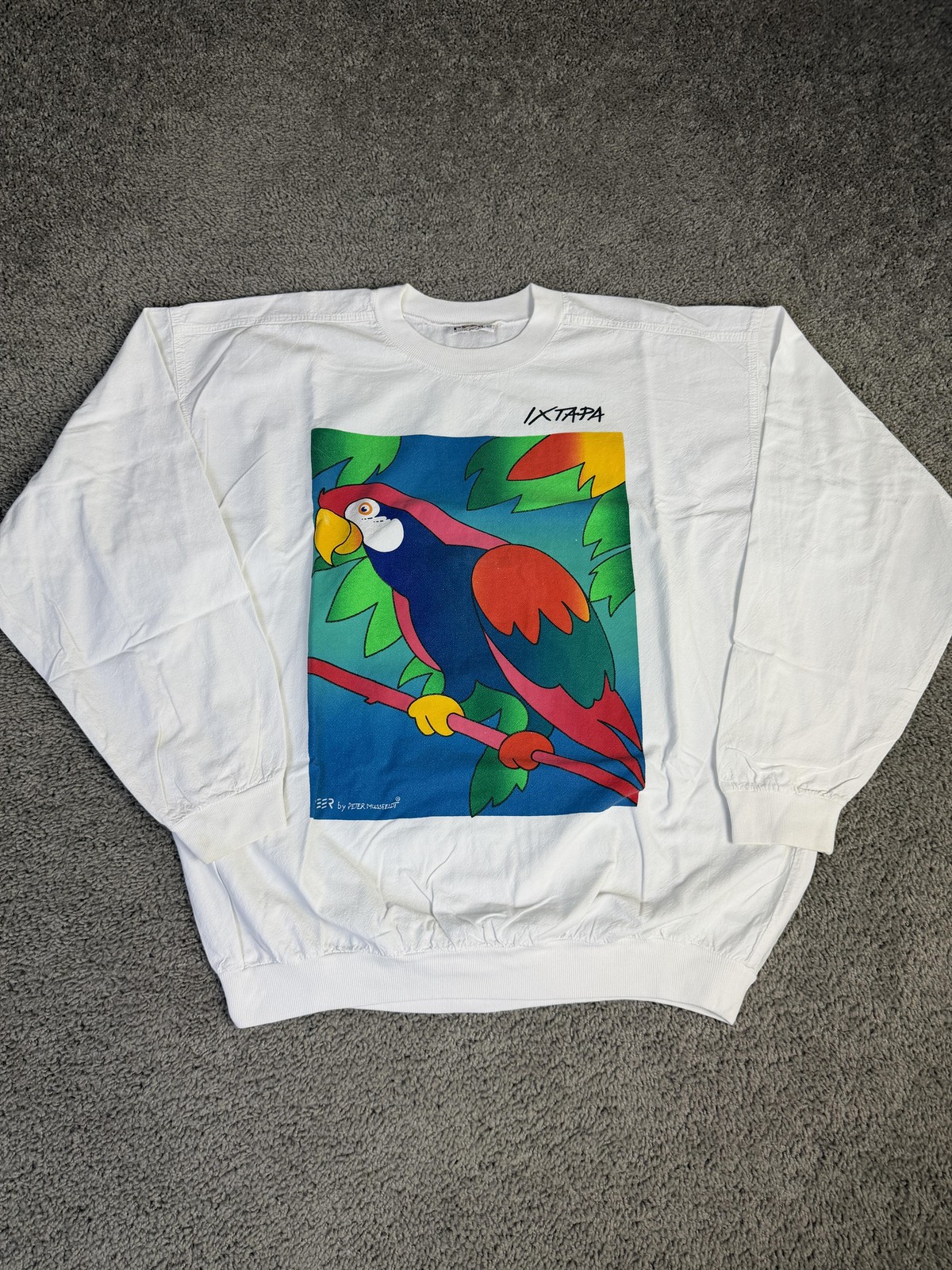 Vintage PEER By PETER MUSSFELDT Shirt Mens XL White Parrot Graphic Crew Neck