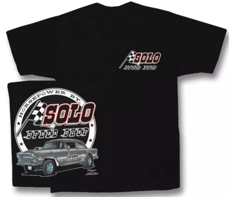 Solo Speed Shop 55 Chevy Gasser Mens Black T shirt Drag Racing Hot Rods