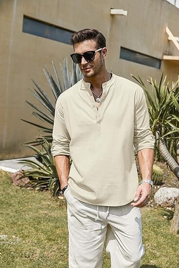 COOFANDY Men’s Cotton Linen Henley T-Shirt Long Sleeve Hippie Casual Beach Beige