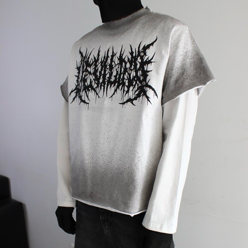 Gothic Boxy Shirt Faded Distressed Grunge Punk Rock Medium White Japanese Brand