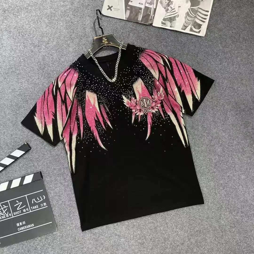 New Men Luxury Diamond Wings Rhinestones Fashion T-Shirt High Quality